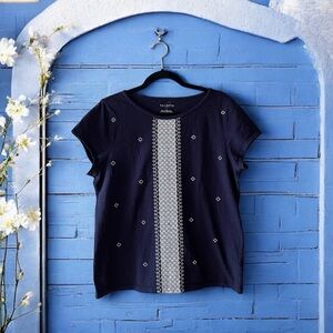 Talbots Navy T-Shirt with White CrossStitch Embroidery